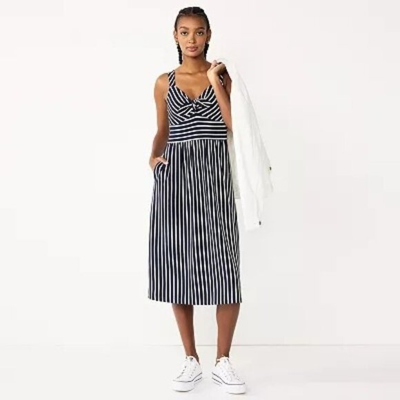 Draper James Navy Blue & White Striped Sleeveless Midi Dress With Scoop Neck XL - Picture 1 of 6